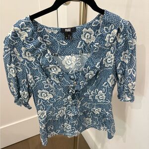 PAIGE Blue Floral Ruffle-Trim Puff Sleeve Top